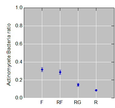 Actinomycete:bacterial colony ratio of mine soils